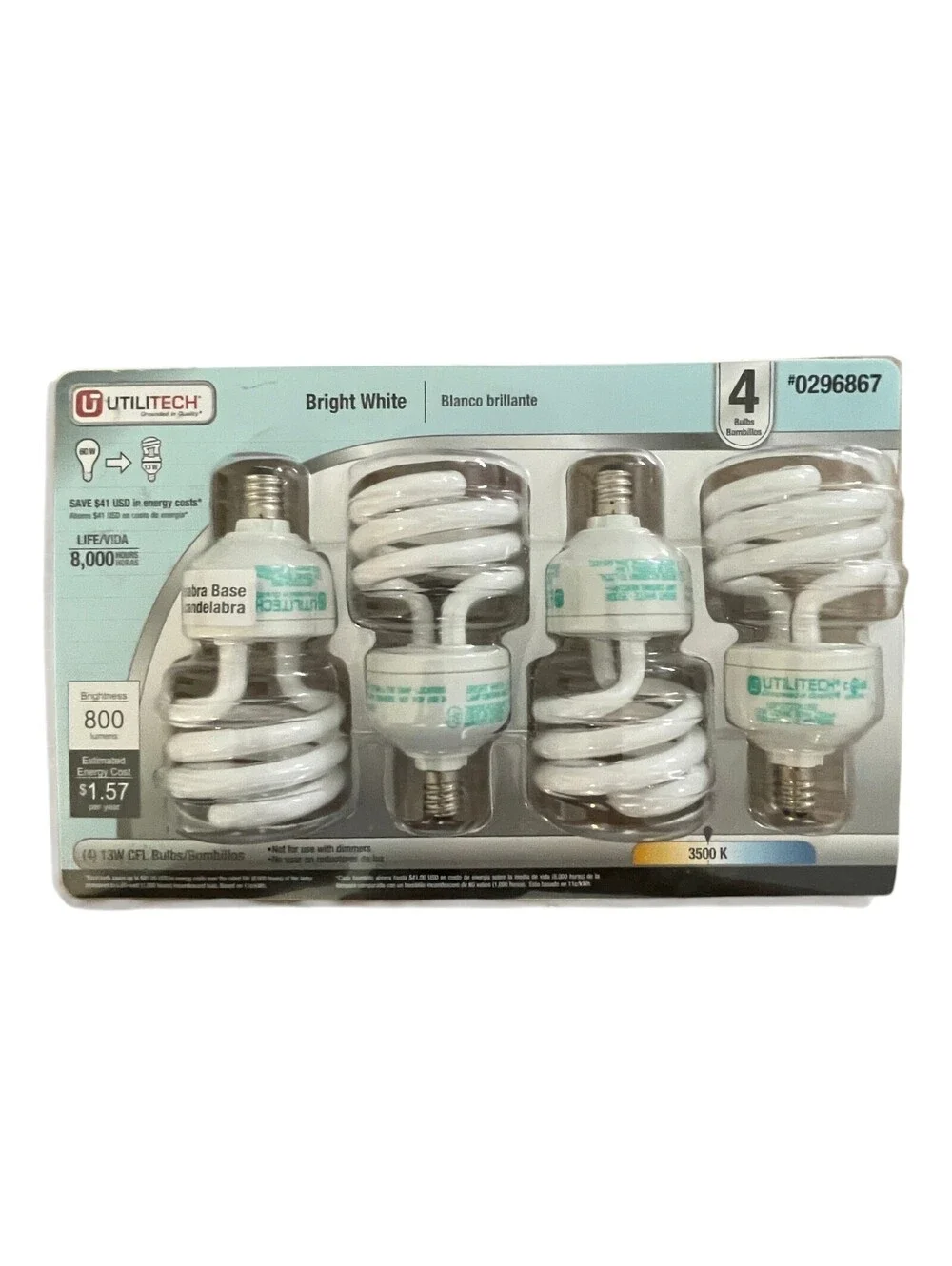 Utilitech 13w Candelabra Bright White Bulbs 4-Pack Open Box